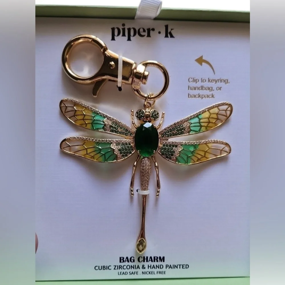 PIPER K Dragonfly Gold Hand-Painted with CZ Articulated Wings Bag Charm  NEW NWT